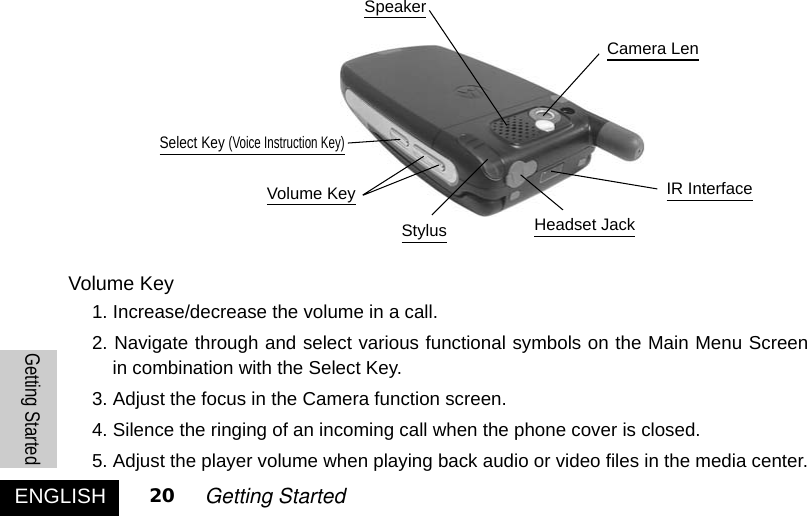 ENGLISHGetting Started20 Getting StartedVolume Key 1. Increase/decrease the volume in a call. 2. Navigate through and select various functional symbols on the Main Menu Screenin combination with the Select Key.3. Adjust the focus in the Camera function screen. 4. Silence the ringing of an incoming call when the phone cover is closed.5. Adjust the player volume when playing back audio or video files in the media center. SpeakerCamera LenIR InterfaceHeadset JackVolume KeyStylusSelect Key (Voice Instruction Key)