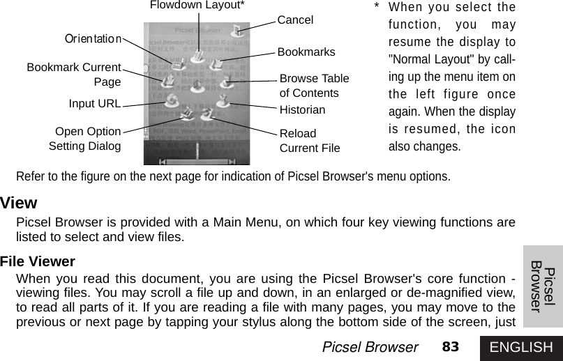 ENGLISH83Picsel BrowserPicselBrowserRefer to the figure on the next page for indication of Picsel Browser&apos;s menu options.ViewPicsel Browser is provided with a Main Menu, on which four key viewing functions arelisted to select and view files. File ViewerWhen you read this document, you are using the Picsel Browser&apos;s core function -viewing files. You may scroll a file up and down, in an enlarged or de-magnified view,to read all parts of it. If you are reading a file with many pages, you may move to theprevious or next page by tapping your stylus along the bottom side of the screen, justCancelBookmarksFlowdown Layout*Browse Tableof ContentsHistorianReloadCurrent File Bookmark CurrentPageInput URLOpen OptionSetting Dialog *When you select thefunction, you mayresume the display to&quot;Normal Layout&quot; by call-ing up the menu item onthe left figure onceagain. When the displayis resumed, the iconalso changes. 