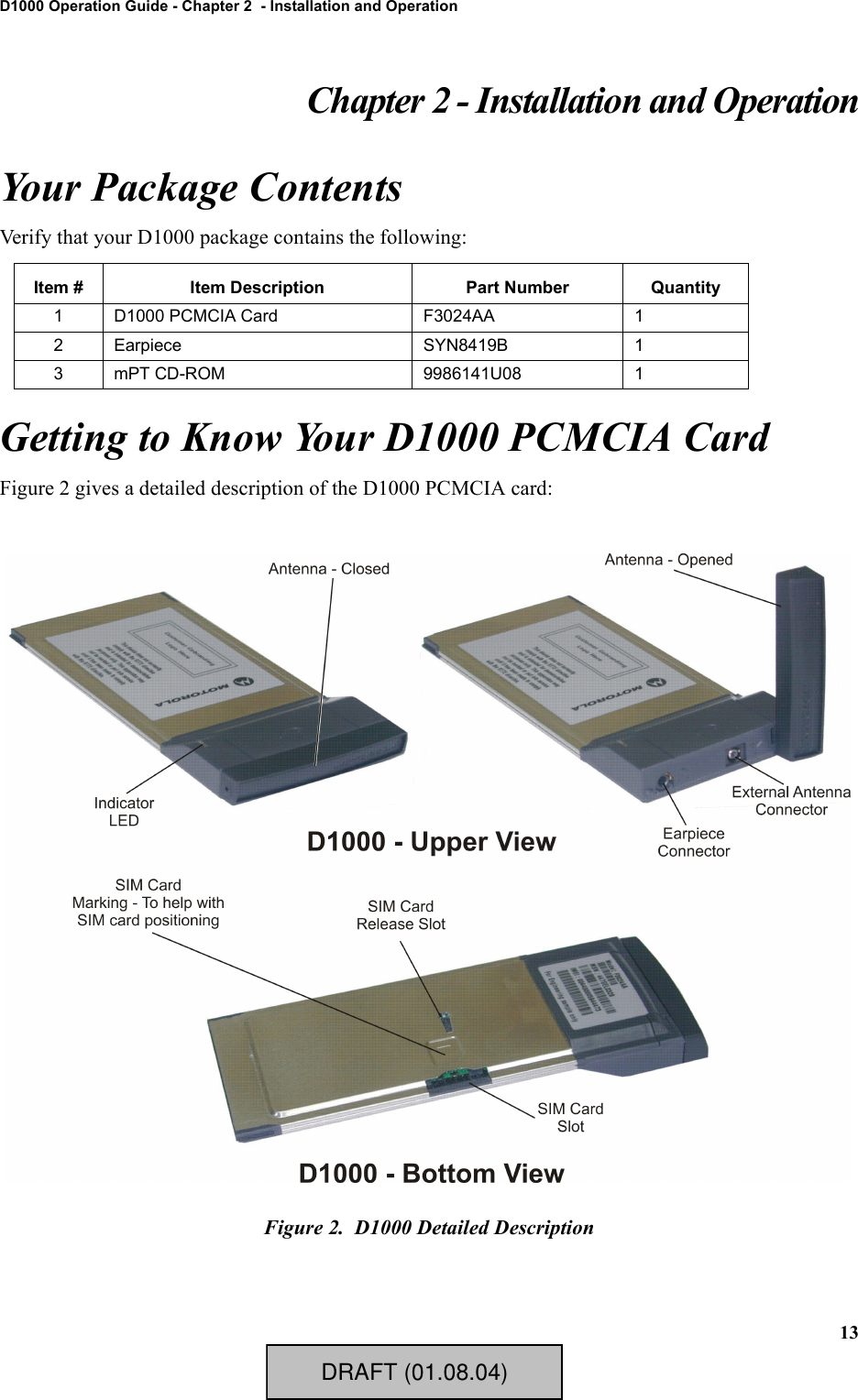 13D1000 Operation Guide - Chapter 2  - Installation and OperationChapter 2 - Installation and OperationYour Package ContentsVerify that your D1000 package contains the following:Getting to Know Your D1000 PCMCIA CardFigure 2 gives a detailed description of the D1000 PCMCIA card:Figure 2.  D1000 Detailed DescriptionItem # Item Description Part Number Quantity1 D1000 PCMCIA Card F3024AA 12 Earpiece SYN8419B 13 mPT CD-ROM 9986141U08 1DRAFT (01.08.04)