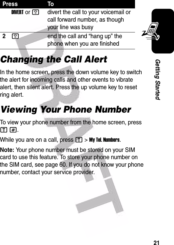  21Getting StartedChanging the Call AlertIn the home screen, press the down volume key to switch the alert for incoming calls and other events to vibrate alert, then silent alert. Press the up volume key to reset ring alert.Viewing Your Phone NumberTo view your phone number from the home screen, press M#.While you are on a call, press M&gt;My Tel. Numbers.Note: Your phone number must be stored on your SIM card to use this feature. To store your phone number on the SIM card, see page 60. If you do not know your phone number, contact your service provider.DIVERT or odivert the call to your voicemail or call forward number, as though your line was busy2oend the call and “hang up” the phone when you are finishedPress To