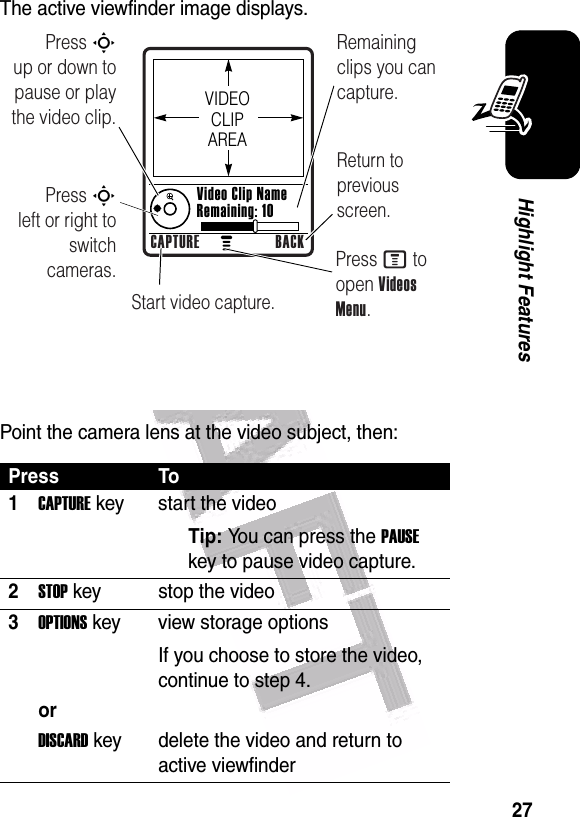  27Highlight FeaturesThe active viewfinder image displays.Point the camera lens at the video subject, then:Press To1CAPTURE key start the videoTip: You can press the PAUSE key to pause video capture.2STOP key stop the video3OPTIONS key view storage optionsIf you choose to store the video, continue to step 4.orDISCARD key delete the video and return to active viewfinder Press S        up or down to pause or play the video clip.Remaining clips you can capture.Return to previous screen.Press S        left or right to switch cameras.Start video capture.Press M to open Videos Menu.VIDEO CLIP AREAVideo Clip Name Remaining: 10CAPTURE BACK