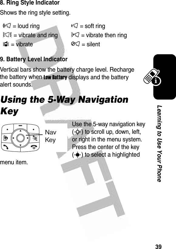  39Learning to Use Your Phone8. Ring Style IndicatorShows the ring style setting.9. Battery Level IndicatorVertical bars show the battery charge level. Recharge the battery when Low Battery displays and the battery alert sounds.Using the 5-Way Navigation KeyUse the 5-way navigation key (S) to scroll up, down, left, or right in the menu system. Press the center of the key (s) to select a highlighted menu item.õ= loud ringô= soft ringÌ= vibrate and ringö= vibrate then ringÎ= vibrateÍ= silent Nav Key