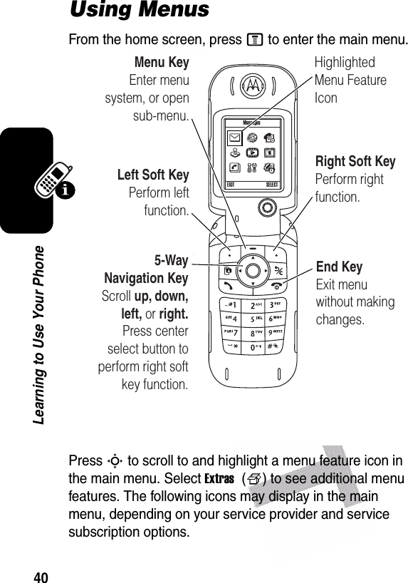  40Learning to Use Your PhoneUsing MenusFrom the home screen, press M to enter the main menu.Press S to scroll to and highlight a menu feature icon in the main menu. Select Extras (f) to see additional menu features. The following icons may display in the main menu, depending on your service provider and service subscription options.VhwsMÉeQnLeft Soft KeyPerform leftfunction.Menu KeyEnter menusystem, or opensub-menu.End KeyExit menu without making changes.HighlightedMenu FeatureIconRight Soft KeyPerform rightfunction.5-WayNavigation KeyScroll up, down, left, or right.Press center select button to perform right soft key function.MessagesEXIT SELECT