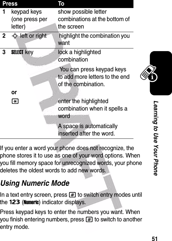  51Learning to Use Your PhoneIf you enter a word your phone does not recognize, the phone stores it to use as one of your word options. When you fill memory space for unrecognized words, your phone deletes the oldest words to add new words.Using Numeric ModeIn a text entry screen, press # to switch entry modes until the Ã (Numeric) indicator displays.Press keypad keys to enter the numbers you want. When you finish entering numbers, press # to switch to another entry mode.Press To1keypad keys (one press per letter)show possible letter combinations at the bottom of the screen2S left or right  highlight the combination you want3SELECT keyorlock a highlighted combination You can press keypad keys to add more letters to the end of the combination.*enter the highlighted combination when it spells a wordA space is automatically inserted after the word. 