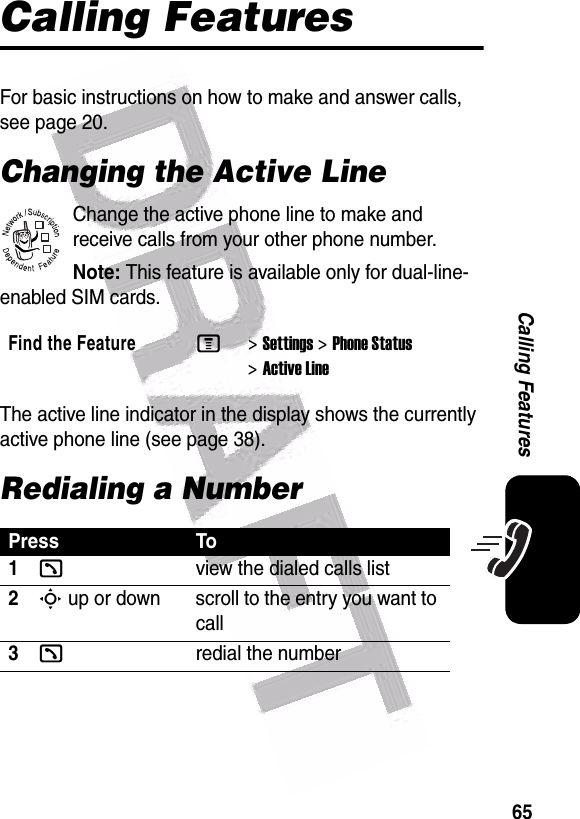  65Calling FeaturesCalling FeaturesFor basic instructions on how to make and answer calls, see page 20.Changing the Active LineChange the active phone line to make and receive calls from your other phone number.Note: This feature is available only for dual-line-enabled SIM cards.The active line indicator in the display shows the currently active phone line (see page 38).Redialing a NumberFind the FeatureM&gt;Settings &gt;Phone Status &gt;Active LinePress To1kview the dialed calls list2S up or down scroll to the entry you want to call3kredial the number032380o