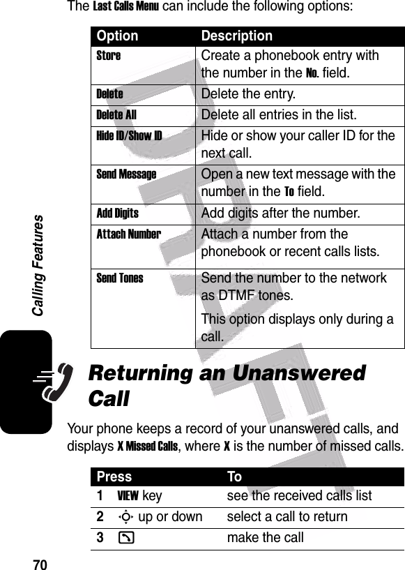  70Calling FeaturesThe Last Calls Menu can include the following options:Returning an Unanswered CallYour phone keeps a record of your unanswered calls, and displays X Missed Calls, where X is the number of missed calls.Option DescriptionStoreCreate a phonebook entry with the number in the No. field.DeleteDelete the entry.Delete AllDelete all entries in the list.Hide ID/Show ID Hide or show your caller ID for the next call.Send MessageOpen a new text message with the number in the To field.Add DigitsAdd digits after the number.Attach NumberAttach a number from the phonebook or recent calls lists.Send TonesSend the number to the network as DTMF tones.This option displays only during a call.Press To1VIEW key see the received calls list2S up or down select a call to return3kmake the call