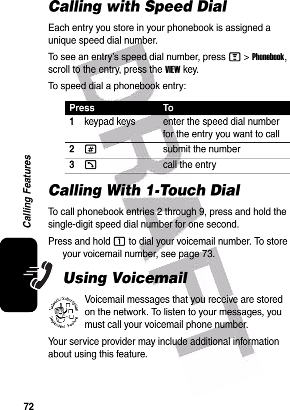  72Calling FeaturesCalling with Speed DialEach entry you store in your phonebook is assigned a unique speed dial number.To see an entry’s speed dial number, press M &gt;Phonebook, scroll to the entry, press the VIEW key.To speed dial a phonebook entry:Calling With 1-Touch DialTo call phonebook entries 2 through 9, press and hold the single-digit speed dial number for one second.Press and hold 1 to dial your voicemail number. To store your voicemail number, see page 73.Using VoicemailVoicemail messages that you receive are stored on the network. To listen to your messages, you must call your voicemail phone number.Your service provider may include additional information about using this feature.Press To1keypad keys enter the speed dial number for the entry you want to call2#submit the number3kcall the entry032380o