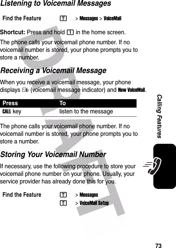  73Calling FeaturesListening to Voicemail MessagesShortcut: Press and hold 1 in the home screen.The phone calls your voicemail phone number. If no voicemail number is stored, your phone prompts you to store a number.Receiving a Voicemail MessageWhen you receive a voicemail message, your phone displays Ë (voicemail message indicator) and New VoiceMail.The phone calls your voicemail phone number. If no voicemail number is stored, your phone prompts you to store a number.Storing Your Voicemail NumberIf necessary, use the following procedure to store your voicemail phone number on your phone. Usually, your service provider has already done this for you.Find the FeatureM&gt;Messages &gt;VoiceMailPress ToCALL key listen to the messageFind the FeatureM&gt;MessagesM&gt;VoiceMail Setup