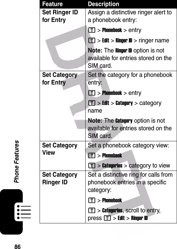  86Phone FeaturesSet Ringer ID for Entry Assign a distinctive ringer alert to a phonebook entry:M &gt;Phonebook &gt;entryM &gt;Edit &gt;Ringer ID &gt; ringer name Note: The Ringer ID option is not available for entries stored on the SIM card.Set Category for EntrySet the category for a phonebook entry:M &gt;Phonebook &gt;entryM &gt;Edit &gt;Category &gt; category name Note: The Category option is not available for entries stored on the SIM card.Set Category ViewSet a phonebook category view:M &gt;PhonebookM &gt;Categories &gt; category to viewSet Category Ringer IDSet a distinctive ring for calls from phonebook entries in a specific category:M &gt;PhonebookM &gt;Categories, scroll to entry, press M &gt;Edit &gt;Ringer IDFeature Description