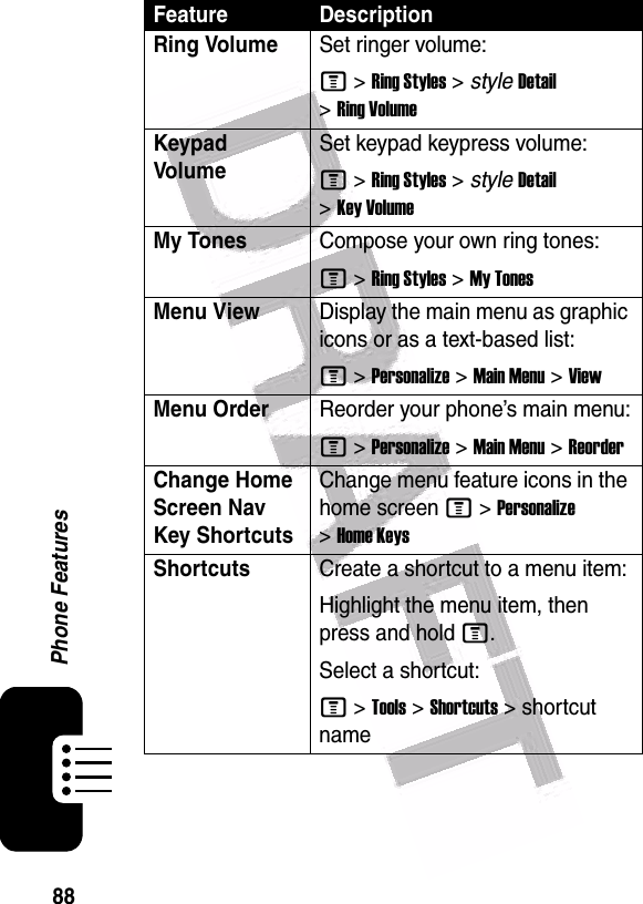  88Phone FeaturesRing VolumeSet ringer volume:M &gt;Ring Styles &gt; styleDetail &gt;Ring VolumeKeypad Volu meSet keypad keypress volume:M &gt;Ring Styles &gt; styleDetail &gt;Key VolumeMy TonesCompose your own ring tones:M &gt;Ring Styles &gt;My TonesMenu ViewDisplay the main menu as graphic icons or as a text-based list:M &gt;Personalize &gt;Main Menu &gt;ViewMenu OrderReorder your phone’s main menu:M &gt;Personalize &gt;Main Menu &gt;ReorderChange Home Screen Nav Key ShortcutsChange menu feature icons in the home screen M &gt;Personalize &gt;Home KeysShortcuts Create a shortcut to a menu item:Highlight the menu item, then press and hold M.Select a shortcut:M &gt;Tools &gt;Shortcuts &gt; shortcut nameFeature Description