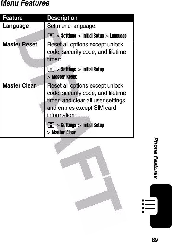  89Phone FeaturesMenu FeaturesFeature DescriptionLanguageSet menu language:M &gt;Settings &gt;Initial Setup &gt;LanguageMaster ResetReset all options except unlock code, security code, and lifetime timer:M &gt;Settings &gt;Initial Setup &gt;Master ResetMaster Clear Reset all options except unlock code, security code, and lifetime timer, and clear all user settings and entries except SIM card information:M &gt;Settings &gt;Initial Setup &gt;Master Clear