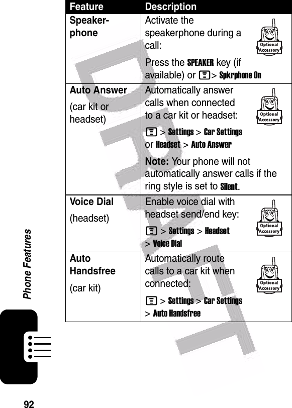  92Phone FeaturesFeature DescriptionSpeaker-phoneActivate the speakerphone during a call:Press the SPEAKER key (if available) or M&gt;Spkrphone OnAuto Answer(car kit or headset)Automatically answer calls when connected to a car kit or headset:M &gt;Settings &gt;Car Settings or Headset &gt;Auto AnswerNote: Your phone will not automatically answer calls if the ring style is set to Silent.Voic e Dial(headset)Enable voice dial with headset send/end key:M &gt;Settings &gt;Headset &gt;Voice DialAuto Handsfree(car kit)Automatically route calls to a car kit when connected:M &gt;Settings &gt;Car Settings &gt;Auto Handsfree