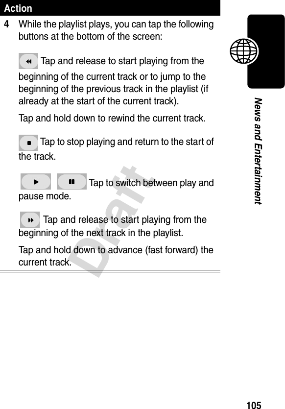 105DraftNews and Entertainment4While the playlist plays, you can tap the following buttons at the bottom of the screen: Tap and release to start playing from the beginning of the current track or to jump to the beginning of the previous track in the playlist (if already at the start of the current track).Tap and hold down to rewind the current track. Tap to stop playing and return to the start of the track.   Tap to switch between play and pause mode. Tap and release to start playing from the beginning of the next track in the playlist.Tap and hold down to advance (fast forward) the current track.Action