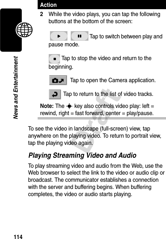 114DraftNews and EntertainmentTo see the video in landscape (full-screen) view, tap anywhere on the playing video. To return to portrait view, tap the playing video again.Playing Streaming Video and AudioTo play streaming video and audio from the Web, use the Web browser to select the link to the video or audio clip or broadcast. The communicator establishes a connection with the server and buffering begins. When buffering completes, the video or audio starts playing.2While the video plays, you can tap the following buttons at the bottom of the screen:   Tap to switch between play and pause mode. Tap to stop the video and return to the beginning. Tap to open the Camera application. Tap to return to the list of video tracks.Note: The C key also controls video play: left = rewind, right = fast forward, center = play/pause.Action