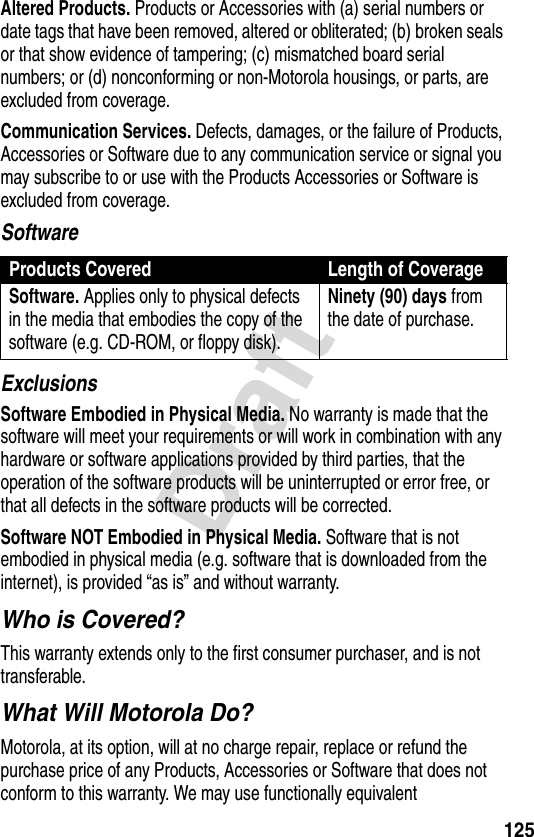 125DraftAltered Products. Products or Accessories with (a) serial numbers or date tags that have been removed, altered or obliterated; (b) broken seals or that show evidence of tampering; (c) mismatched board serial numbers; or (d) nonconforming or non-Motorola housings, or parts, are excluded from coverage.Communication Services. Defects, damages, or the failure of Products, Accessories or Software due to any communication service or signal you may subscribe to or use with the Products Accessories or Software is excluded from coverage.SoftwareExclusionsSoftware Embodied in Physical Media. No warranty is made that the software will meet your requirements or will work in combination with any hardware or software applications provided by third parties, that the operation of the software products will be uninterrupted or error free, or that all defects in the software products will be corrected.Software NOT Embodied in Physical Media. Software that is not embodied in physical media (e.g. software that is downloaded from the internet), is provided “as is” and without warranty.Who is Covered?This warranty extends only to the first consumer purchaser, and is not transferable.What Will Motorola Do?Motorola, at its option, will at no charge repair, replace or refund the purchase price of any Products, Accessories or Software that does not conform to this warranty. We may use functionally equivalent Products Covered Length of CoverageSoftware. Applies only to physical defects in the media that embodies the copy of the software (e.g. CD-ROM, or floppy disk).Ninety (90) days from the date of purchase.