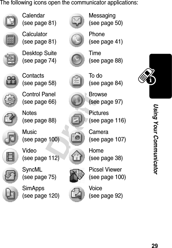 29DraftUsing Your CommunicatorThe following icons open the communicator applications:Calendar(see page 81)Messaging(see page 50)Calculator(see page 81)Phone(see page 41)Desktop Suite(see page 74)Time(see page 88)Contacts(see page 58)To  d o(see page 84)Control Panel(see page 66)Browse(see page 97)Notes(see page 88)Pictures(see page 116)Music(see page 100)Camera(see page 107)Video(see page 112)Home(see page 38)SyncML(see page 75)Picsel Viewer(see page 100)SimApps(see page 120)Voice(see page 92) 