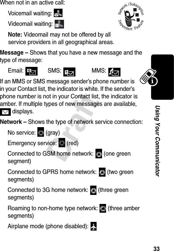 33DraftUsing Your CommunicatorWhen not in an active call:Voicemail waiting: Videomail waiting:   Note: Videomail may not be offered by all service providers in all geographical areas. Message – Shows that you have a new message and the type of message:Email: SMS:  MMS: If an MMS or SMS message sender’s phone number is in your Contact list, the indicator is white. If the sender’s phone number is not in your Contact list, the indicator is amber. If multiple types of new messages are available,  displays.Network – Shows the type of network service connection: No service:   (gray)Emergency service:   (red)Connected to GSM home network:   (one green segment)Connected to GPRS home network:   (two green segments)Connected to 3G home network:   (three green segments)Roaming to non-home type network:   (three amber segments)Airplane mode (phone disabled): 