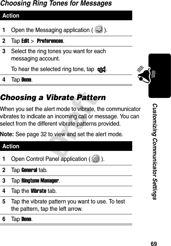 69DraftCustomizing Communicator SettingsChoosing Ring Tones for MessagesChoosing a Vibrate PatternWhen you set the alert mode to vibrate, the communicator vibrates to indicate an incoming call or message. You can select from the different vibrate patterns provided.Note: See page 32 to view and set the alert mode.Action1Open the Messaging application ( ).2Ta p Edit &gt; Preferences.3Select the ring tones you want for each messaging account.To hear the selected ring tone, tap  .4Ta p Done.Action1Open Control Panel application ( ).2Ta p General tab.3Ta p Ringtune Manager.4Tap the Vibrate tab.5Tap the vibrate pattern you want to use. To test the pattern, tap the left arrow.6Ta p Done.