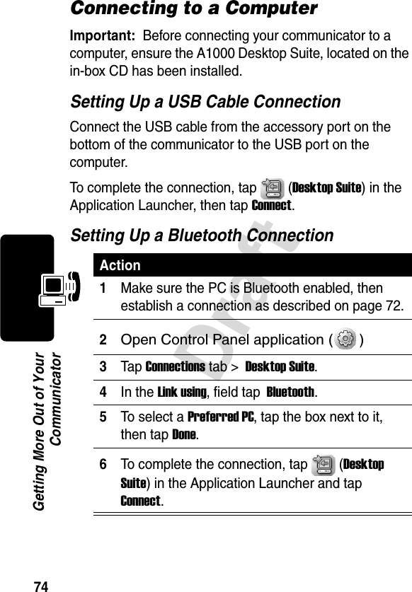 74DraftGetting More Out of YourCommunicatorConnecting to a ComputerImportant: Before connecting your communicator to a computer, ensure the A1000 Desktop Suite, located on the in-box CD has been installed.Setting Up a USB Cable ConnectionConnect the USB cable from the accessory port on the bottom of the communicator to the USB port on the computer. To complete the connection, tap   (Desktop Suite) in the Application Launcher, then tap Connect.Setting Up a Bluetooth ConnectionAction1Make sure the PC is Bluetooth enabled, then establish a connection as described on page 72.2Open Control Panel application ( ) 3Tap Connections tab &gt;Desktop Suite.4In the Link using, field tap Bluetooth.5To select  a  Preferred PC, tap the box next to it, then tap Done.6To complete the connection, tap   (Desktop Suite) in the Application Launcher and tap Connect.