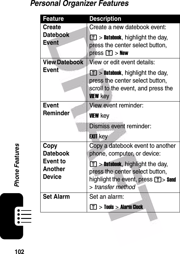  102Phone FeaturesPersonal Organizer FeaturesFeature DescriptionCreate Datebook Event Create a new datebook event:M &gt;Datebook, highlight the day, press the center select button, press M &gt;NewView Datebook EventView or edit event details:M &gt;Datebook, highlight the day, press the center select button, scroll to the event, and press the VIEW keyEvent ReminderView event reminder:VIEW keyDismiss event reminder:EXIT keyCopy Datebook Event to Another DeviceCopy a datebook event to another phone, computer, or device:M &gt;Datebook, highlight the day, press the center select button, highlight the event, press M&gt;Send &gt;transfer methodSet AlarmSet an alarm:M &gt;Tools &gt;Alarm Clock