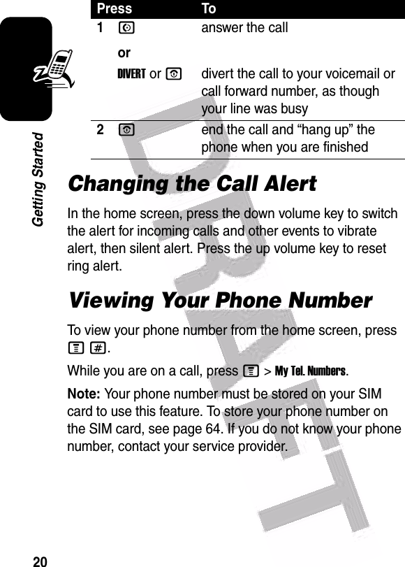  20Getting StartedChanging the Call AlertIn the home screen, press the down volume key to switch the alert for incoming calls and other events to vibrate alert, then silent alert. Press the up volume key to reset ring alert.Viewing Your Phone NumberTo view your phone number from the home screen, press M#.While you are on a call, press M&gt;My Tel. Numbers.Note: Your phone number must be stored on your SIM card to use this feature. To store your phone number on the SIM card, see page 64. If you do not know your phone number, contact your service provider.Press To1Noranswer the callDIVERT or Odivert the call to your voicemail or call forward number, as though your line was busy2Oend the call and “hang up” the phone when you are finished