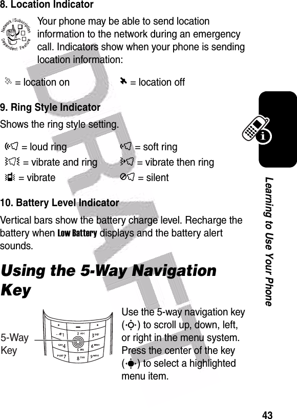  43Learning to Use Your Phone8. Location IndicatorYour phone may be able to send location information to the network during an emergency call. Indicators show when your phone is sending location information:9. Ring Style IndicatorShows the ring style setting.10. Battery Level IndicatorVertical bars show the battery charge level. Recharge the battery when Low Battery displays and the battery alert sounds.Using the 5-Way Navigation KeyUse the 5-way navigation key (S) to scroll up, down, left, or right in the menu system. Press the center of the key (s) to select a highlighted menu item.ë= location onâ= location offõ= loud ringô= soft ringÌ= vibrate and ringö= vibrate then ringÎ= vibrateÍ= silent 032380o5-WayKey