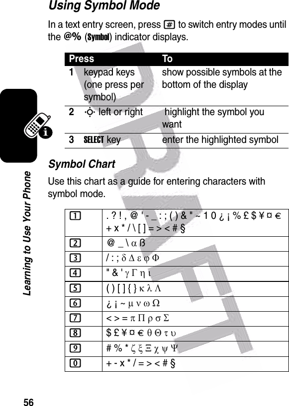  56Learning to Use Your PhoneUsing Symbol ModeIn a text entry screen, press # to switch entry modes until the Ä (Symbol) indicator displays.Symbol ChartUse this chart as a guide for entering characters with symbol mode.Press To1keypad keys (one press per symbol)show possible symbols at the bottom of the display2S left or right  highlight the symbol you want3SELECT key enter the highlighted symbol1. ? ! , @ &apos; - _ : ; ( ) &amp; &quot; ~ 1 0 ¿ ¡ % £ $ ¥ ¤ £ + x * / \ [ ] = &gt; &lt; # § 2@ _ \ α ß3/ : ; δ ∆ ε ϕ Φ4&quot; &amp; &apos; γ Γ η ι5( ) [ ] { } κ λ Λ 6¿ ¡ ~ µ ν ω Ω7&lt; &gt; = π Π ρ σ Σ8$ £ ¥ ¤ £ θ Θ τ υ9# % * ζ ξ Ξ χ ψ Ψ0+ - x * / = &gt; &lt; # § 