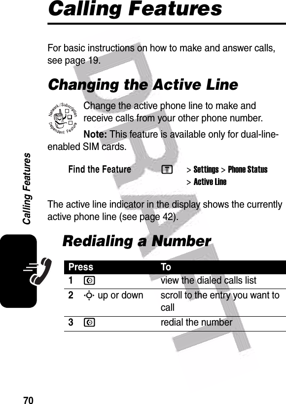  70Calling FeaturesCalling FeaturesFor basic instructions on how to make and answer calls, see page 19.Changing the Active LineChange the active phone line to make and receive calls from your other phone number.Note: This feature is available only for dual-line-enabled SIM cards.The active line indicator in the display shows the currently active phone line (see page 42).Redialing a NumberFind the FeatureM&gt;Settings &gt;Phone Status &gt;Active LinePress To1Nview the dialed calls list2S up or down scroll to the entry you want to call3Nredial the number032380o