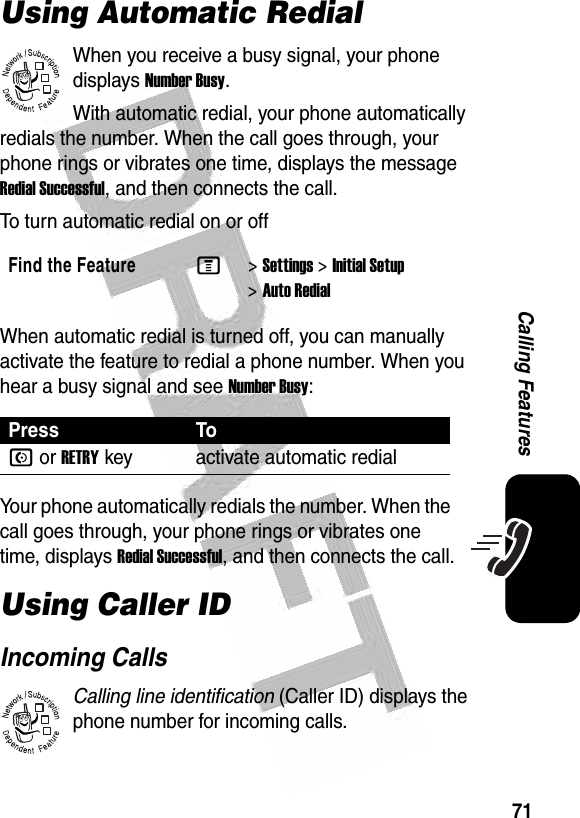  71Calling FeaturesUsing Automatic RedialWhen you receive a busy signal, your phone displays Number Busy.With automatic redial, your phone automatically redials the number. When the call goes through, your phone rings or vibrates one time, displays the message Redial Successful, and then connects the call.To turn automatic redial on or offWhen automatic redial is turned off, you can manually activate the feature to redial a phone number. When you hear a busy signal and see Number Busy:Your phone automatically redials the number. When the call goes through, your phone rings or vibrates one time, displays Redial Successful, and then connects the call.Using Caller IDIncoming CallsCalling line identification (Caller ID) displays the phone number for incoming calls.Find the FeatureM&gt;Settings &gt;Initial Setup &gt;Auto RedialPress ToN or RETRYkey activate automatic redial032380o032380o