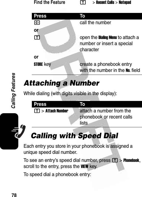  78Calling FeaturesAttaching a NumberWhile dialing (with digits visible in the display):Calling with Speed DialEach entry you store in your phonebook is assigned a unique speed dial number.To see an entry’s speed dial number, press M &gt;Phonebook, scroll to the entry, press the VIEW key.To speed dial a phonebook entry:Find the FeatureM&gt;Recent Calls &gt;NotepadPress ToNcall the numberorMopen the Dialing Menu to attach a number or insert a special characterorSTORE key create a phonebook entry with the number in the No. fieldPress ToM &gt;Attach Numberattach a number from the phonebook or recent calls lists