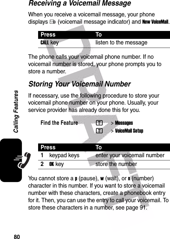  80Calling FeaturesReceiving a Voicemail MessageWhen you receive a voicemail message, your phone displays Ë (voicemail message indicator) and New VoiceMail.The phone calls your voicemail phone number. If no voicemail number is stored, your phone prompts you to store a number.Storing Your Voicemail NumberIf necessary, use the following procedure to store your voicemail phone number on your phone. Usually, your service provider has already done this for you.You cannot store a p (pause), w (wait), or n (number) character in this number. If you want to store a voicemail number with these characters, create a phonebook entry for it. Then, you can use the entry to call your voicemail. To store these characters in a number, see page 91.Press ToCALL key listen to the messageFind the FeatureM&gt;MessagesM&gt;VoiceMail SetupPress To1keypad keys enter your voicemail number2OK key store the number