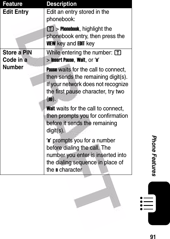  91Phone FeaturesEdit EntryEdit an entry stored in the phonebook:M &gt;Phonebook, highlight the phonebook entry, then press the VIEW key and EDIT keyStore a PIN Code in a NumberWhile entering the number: M &gt;Insert Pause, Wait, or &apos;n&apos;Pause waits for the call to connect, then sends the remaining digit(s). If your network does not recognize the first pause character, try two (pp).Wait waits for the call to connect, then prompts you for confirmation before it sends the remaining digit(s).&apos;n&apos; prompts you for a number before dialing the call. The number you enter is inserted into the dialing sequence in place of the n characterFeature Description