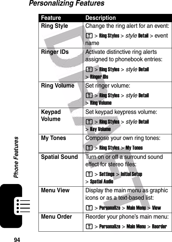  94Phone FeaturesPersonalizing FeaturesFeature DescriptionRing Style Change the ring alert for an event:M &gt;Ring Styles &gt; styleDetail &gt;event nameRinger IDsActivate distinctive ring alerts assigned to phonebook entries:M &gt;Ring Styles &gt; styleDetail &gt;Ringer IDsRing VolumeSet ringer volume:M &gt;Ring Styles &gt; styleDetail &gt;Ring VolumeKeypad VolumeSet keypad keypress volume:M &gt;Ring Styles &gt; styleDetail &gt;Key VolumeMy TonesCompose your own ring tones:M &gt;Ring Styles &gt;My TonesSpatial SoundTurn on or off a surround sound effect for stereo files:M &gt;Settings &gt;Initial Setup &gt;Spatial AudioMenu ViewDisplay the main menu as graphic icons or as a text-based list:M &gt;Personalize &gt;Main Menu &gt;ViewMenu OrderReorder your phone’s main menu:M &gt;Personalize &gt;Main Menu &gt;Reorder