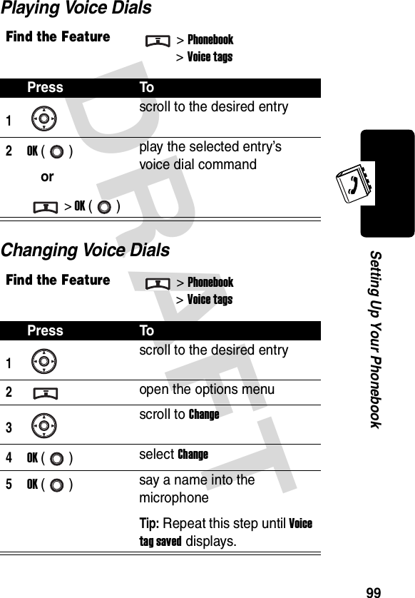 DRAFT 99Setting Up Your PhonebookPlaying Voice DialsChanging Voice DialsFind the Feature&gt;Phonebook &gt;Voice tagsPress To1scroll to the desired entry2OK ()or&gt; OK ()play the selected entry’s voice dial commandFind the Feature&gt;Phonebook &gt;Voice tagsPress To1scroll to the desired entry2open the options menu3scroll to Change4OK () select Change5OK () say a name into the microphoneTip: Repeat this step until Voice tag saved displays.