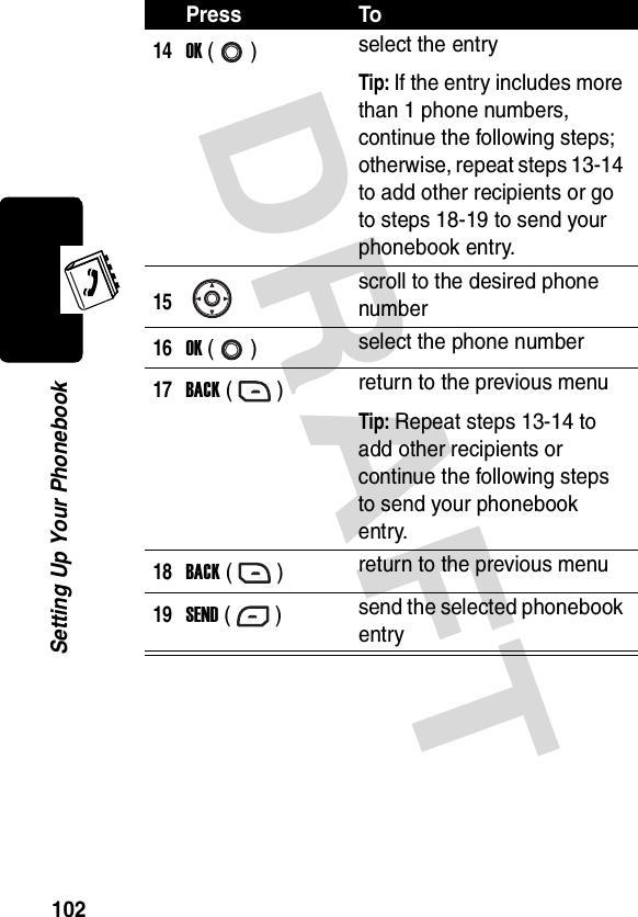 DRAFT 102Setting Up Your Phonebook14OK () select the entryTip: If the entry includes more than 1 phone numbers, continue the following steps; otherwise, repeat steps 13-14 to add other recipients or go to steps 18-19 to send your phonebook entry.15scroll to the desired phone number16OK () select the phone number17BACK () return to the previous menuTip: Repeat steps 13-14 to add other recipients or continue the following steps to send your phonebook entry.18BACK () return to the previous menu19SEND () send the selected phonebook entryPress To