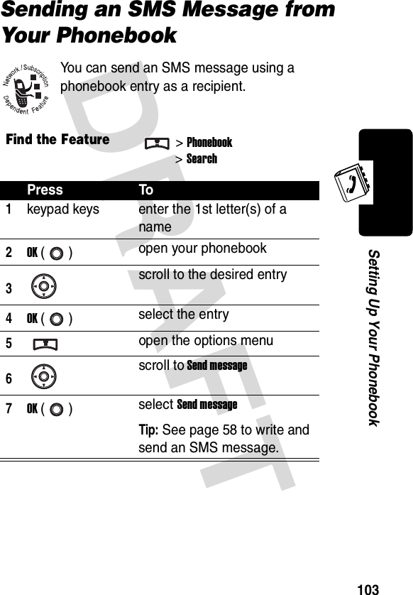 DRAFT 103Setting Up Your PhonebookSending an SMS Message from Your PhonebookYou can send an SMS message using a phonebook entry as a recipient.Find the Feature&gt;Phonebook &gt;SearchPress To1keypad keys enter the 1st letter(s) of a name2OK () open your phonebook3scroll to the desired entry4OK () select the entry5open the options menu6scroll to Send message7OK () select Send messageTip: See page 58 to write and send an SMS message.