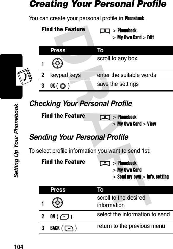 DRAFT 104Setting Up Your PhonebookCreating Your Personal ProfileYou can create your personal profile in Phonebook.Checking Your Personal ProfileSending Your Personal ProfileTo select profile information you want to send 1st:Find the Feature&gt;Phonebook&gt;My Own Card &gt;EditPress To1scroll to any box2keypad keys enter the suitable words3OK () save the settingsFind the Feature&gt;Phonebook&gt;My Own Card &gt;ViewFind the Feature&gt;Phonebook&gt;My Own Card&gt;Send my own&gt;Info. settingPress To1scroll to the desired information2ON () select the information to send3BACK () return to the previous menu