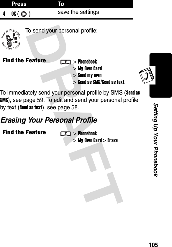 DRAFT 105Setting Up Your PhonebookTo send your personal profile:To immediately send your personal profile by SMS (Send as SMS), see page 59. To edit and send your personal profile by text (Send as text), see page 58.Erasing Your Personal Profile4OK () save the settingsFind the Feature&gt;Phonebook&gt;My Own Card&gt;Send my own&gt;Send as SMS/Send as textFind the Feature&gt;Phonebook&gt;My Own Card &gt;ErasePress To