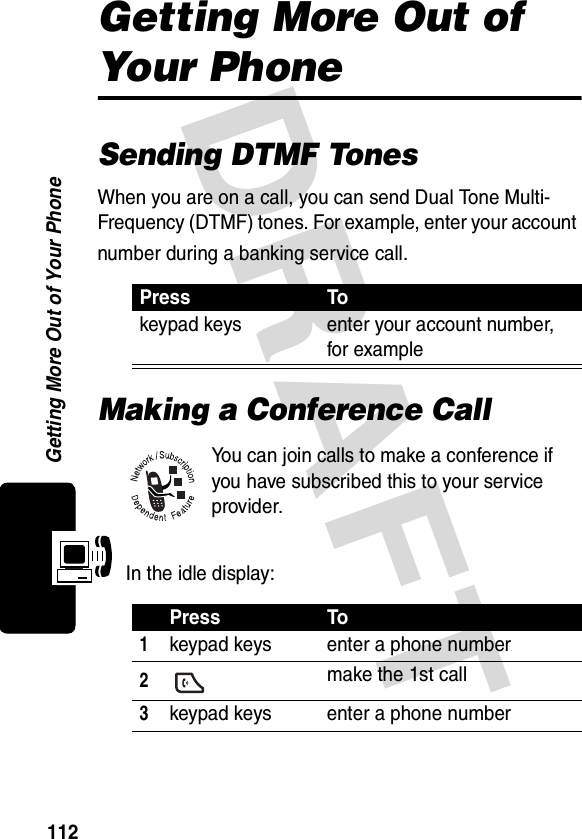 DRAFT Getting More Out of Your Phone112Getting More Out of Your PhoneSending DTMF TonesWhen you are on a call, you can send Dual Tone Multi-Frequency (DTMF) tones. For example, enter your account number during a banking service call.Making a Conference CallYou can join calls to make a conference if you have subscribed this to your service provider.In the idle display:Press Tokeypad keys enter your account number, for examplePress To1keypad keys enter a phone number2make the 1st call3keypad keys enter a phone number