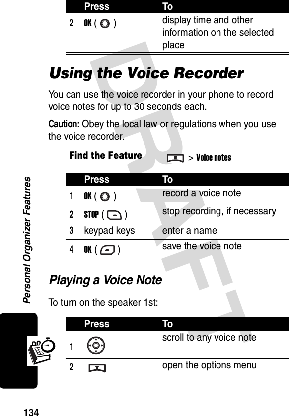 DRAFT Personal Organizer Features134Using the Voice RecorderYou can use the voice recorder in your phone to record voice notes for up to 30 seconds each.Caution: Obey the local law or regulations when you use the voice recorder.Playing a Voice NoteTo turn on the speaker 1st:2OK () display time and other information on the selected placeFind the Feature&gt;Voice notesPress To1OK () record a voice note2STOP () stop recording, if necessary3keypad keys enter a name4OK () save the voice notePress To1scroll to any voice note2open the options menuPress To