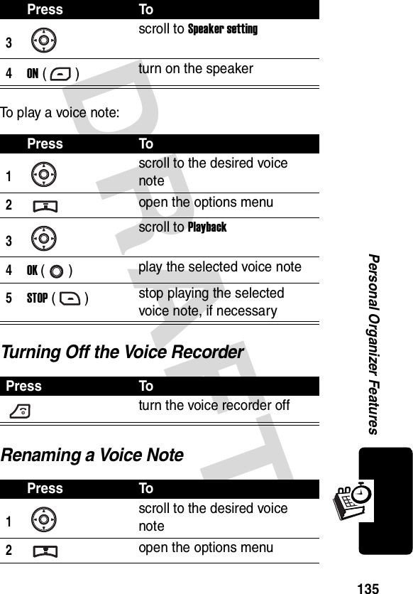 DRAFT 135Personal Organizer FeaturesTo play a voice note:Turning Off the Voice RecorderRenaming a Voice Note3scroll to Speaker setting4ON () turn on the speakerPress To1scroll to the desired voice note2open the options menu3scroll to Playback4OK () play the selected voice note5STOP () stop playing the selected voice note, if necessaryPress Toturn the voice recorder offPress To1scroll to the desired voice note2open the options menuPress To