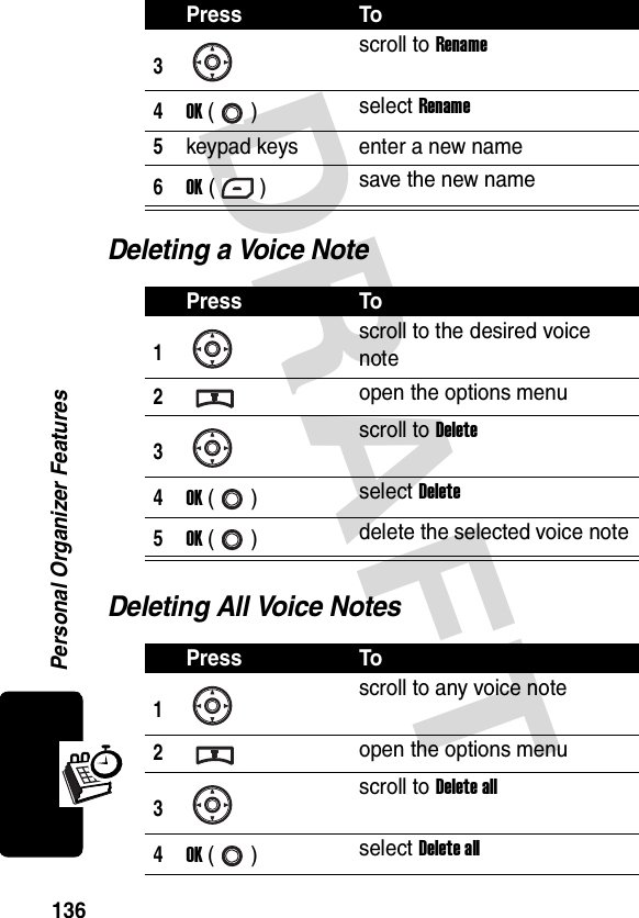 DRAFT Personal Organizer Features136Deleting a Voice NoteDeleting All Voice Notes3scroll to Rename4OK () select Rename5keypad keys enter a new name6OK () save the new namePress To1scroll to the desired voice note2open the options menu3scroll to Delete4OK () select Delete5OK () delete the selected voice notePress To1scroll to any voice note2open the options menu3scroll to Delete all4OK () select Delete allPress To