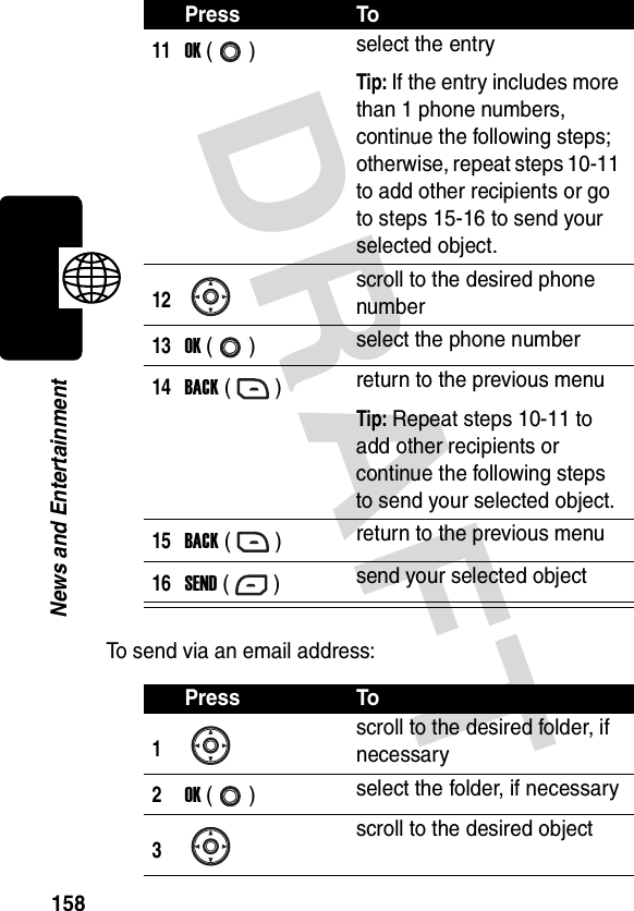 DRAFT 158News and EntertainmentTo send via an email address:11OK () select the entryTip: If the entry includes more than 1 phone numbers, continue the following steps; otherwise, repeat steps 10-11 to add other recipients or go to steps 15-16 to send your selected object.12scroll to the desired phone number13OK () select the phone number14BACK () return to the previous menuTip: Repeat steps 10-11 to add other recipients or continue the following steps to send your selected object.15BACK () return to the previous menu16SEND () send your selected objectPress To1scroll to the desired folder, if necessary2OK () select the folder, if necessary3scroll to the desired objectPress To