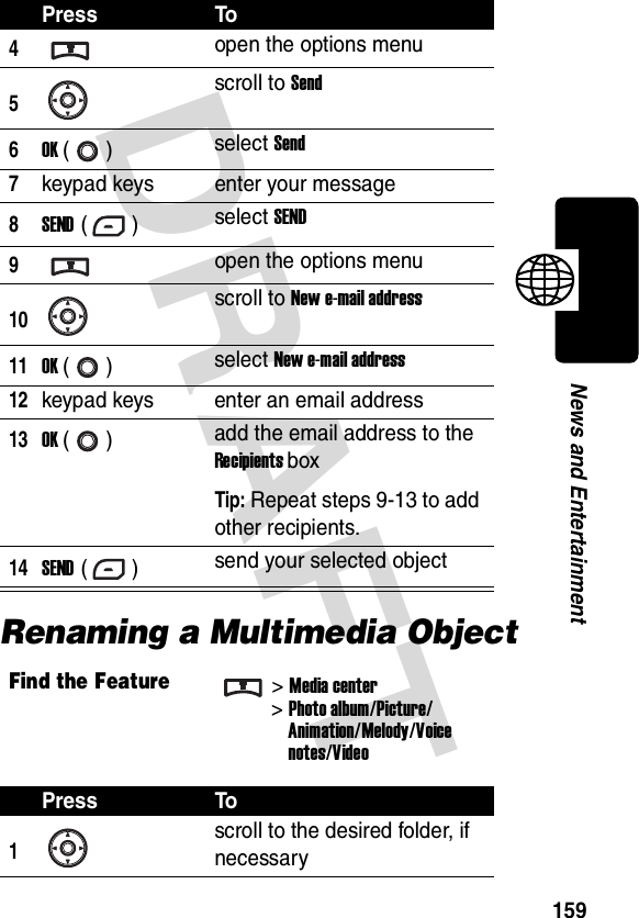 DRAFT 159News and EntertainmentRenaming a Multimedia Object4open the options menu5scroll to Send6OK () select Send7keypad keys enter your message8SEND () select SEND9open the options menu10scroll to New e-mail address11OK () select New e-mail address12keypad keys enter an email address13OK () add the email address to the Recipients boxTip: Repeat steps 9-13 to add other recipients.14SEND () send your selected objectFind the Feature&gt;Media center&gt;Photo album/Picture/Animation/Melody/Voicenotes/VideoPress To1scroll to the desired folder, if necessaryPress To