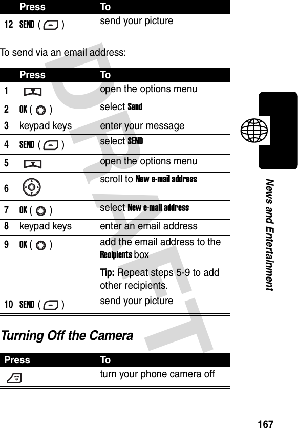 DRAFT 167News and EntertainmentTo send via an email address:Turning Off the Camera12SEND () send your picturePress To1open the options menu2OK () select Send3keypad keys enter your message4SEND () select SEND5open the options menu6scroll to New e-mail address7OK () select New e-mail address8keypad keys enter an email address9OK () add the email address to the Recipients boxTip: Repeat steps 5-9 to add other recipients.10SEND () send your picturePress Toturn your phone camera offPress To