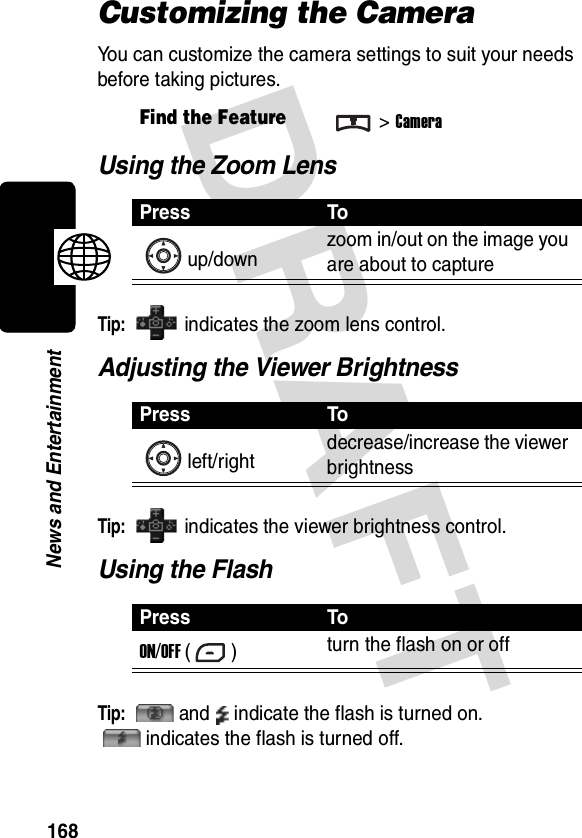 DRAFT 168News and EntertainmentCustomizing the CameraYou can customize the camera settings to suit your needs before taking pictures.Using the Zoom LensTip: indicates the zoom lens control.Adjusting the Viewer BrightnessTip: indicates the viewer brightness control.Using the FlashTip: and indicate the flash is turned on. indicates the flash is turned off.Find the Feature&gt;CameraPress Toup/down zoom in/out on the image you are about to capturePress Toleft/right decrease/increase the viewer brightnessPress ToON/OFF () turn the flash on or off