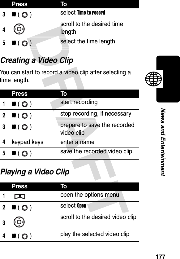 DRAFT 177News and EntertainmentCreating a Video ClipYou can start to record a video clip after selecting a time length.Playing a Video Clip3OK () select Time to record4scroll to the desired time length5OK () select the time lengthPress To1OK () start recording2OK () stop recording, if necessary3OK () prepare to save the recorded video clip4keypad keys enter a name5OK () save the recorded video clipPress To1open the options menu2OK () select Open3scroll to the desired video clip4OK () play the selected video clipPress To