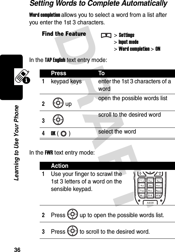 DRAFT 36Learning to Use Your PhoneSetting Words to Complete AutomaticallyWord completion allows you to select a word from a list after you enter the 1st 3 characters.In the TAP English text entry mode:In the FWR text entry mode:Find the Feature&gt;Settings&gt;Input mode&gt;Word completion&gt;ONPress To1keypad keys enter the 1st 3 characters of a word2up open the possible words list3scroll to the desired word4OK () select the wordAction1Use your finger to scrawl the 1st 3 letters of a word on the sensible keypad.2Press up to open the possible words list.3Press to scroll to the desired word.