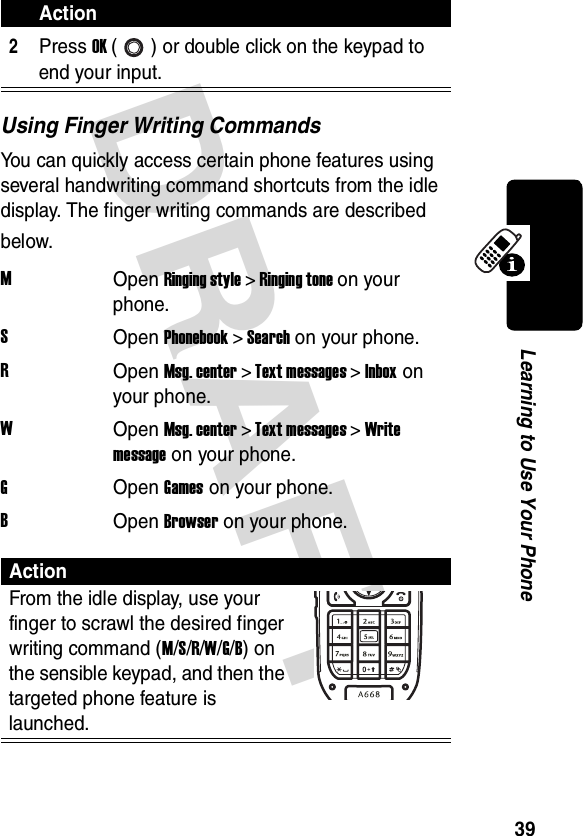 DRAFT 39Learning to Use Your PhoneUsing Finger Writing CommandsYou can quickly access certain phone features using several handwriting command shortcuts from the idle display. The finger writing commands are described below.2Press OK ( ) or double click on the keypad to end your input.MOpen Ringing style &gt; Ringing tone on your phone.SOpen Phonebook &gt; Search on your phone.ROpen Msg. center &gt; Text messages &gt; Inbox on your phone.WOpen Msg. center &gt; Text messages &gt; Write message on your phone.GOpen Games on your phone.BOpen Browser on your phone.ActionFrom the idle display, use your finger to scrawl the desired finger writing command (M/S/R/W/G/B) on the sensible keypad, and then the targeted phone feature is launched.Action