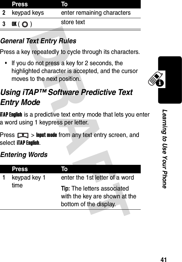 DRAFT 41Learning to Use Your PhoneGeneral Text Entry RulesPress a key repeatedly to cycle through its characters.•If you do not press a key for 2 seconds, the highlighted character is accepted, and the cursor moves to the next position.Using iTAP™ Software Predictive Text Entry ModeiTAP English is a predictive text entry mode that lets you enter a word using 1 keypress per letter.Press &gt;Input mode from any text entry screen, and select iTAP English.Entering Words2keypad keys enter remaining characters3OK () store textPress To1keypad key 1 timeenter the 1st letter of a wordTip: The letters associated with the key are shown at the bottom of the display.Press To